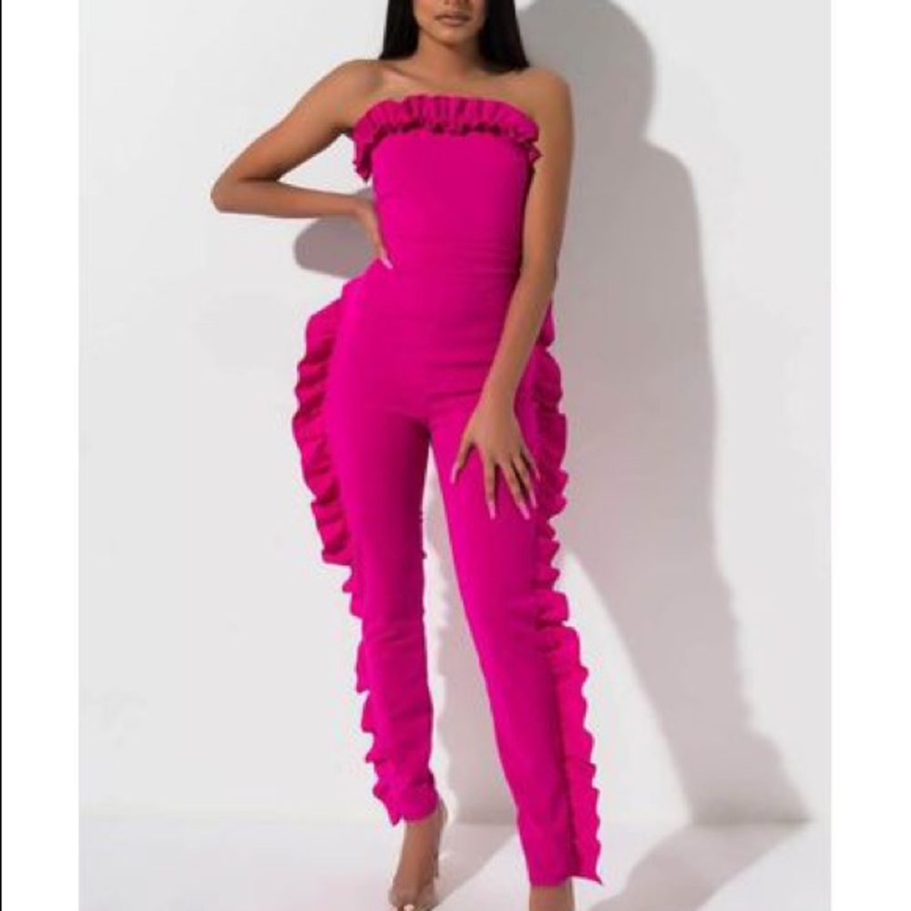 Pink ruffle jumpsuit.